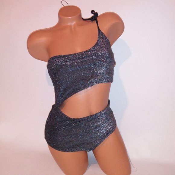 Victoria Secret‎ PINK Swim One Piece Medium Black Silver Cutout Sparkle Glittery - Picture 3 of 11